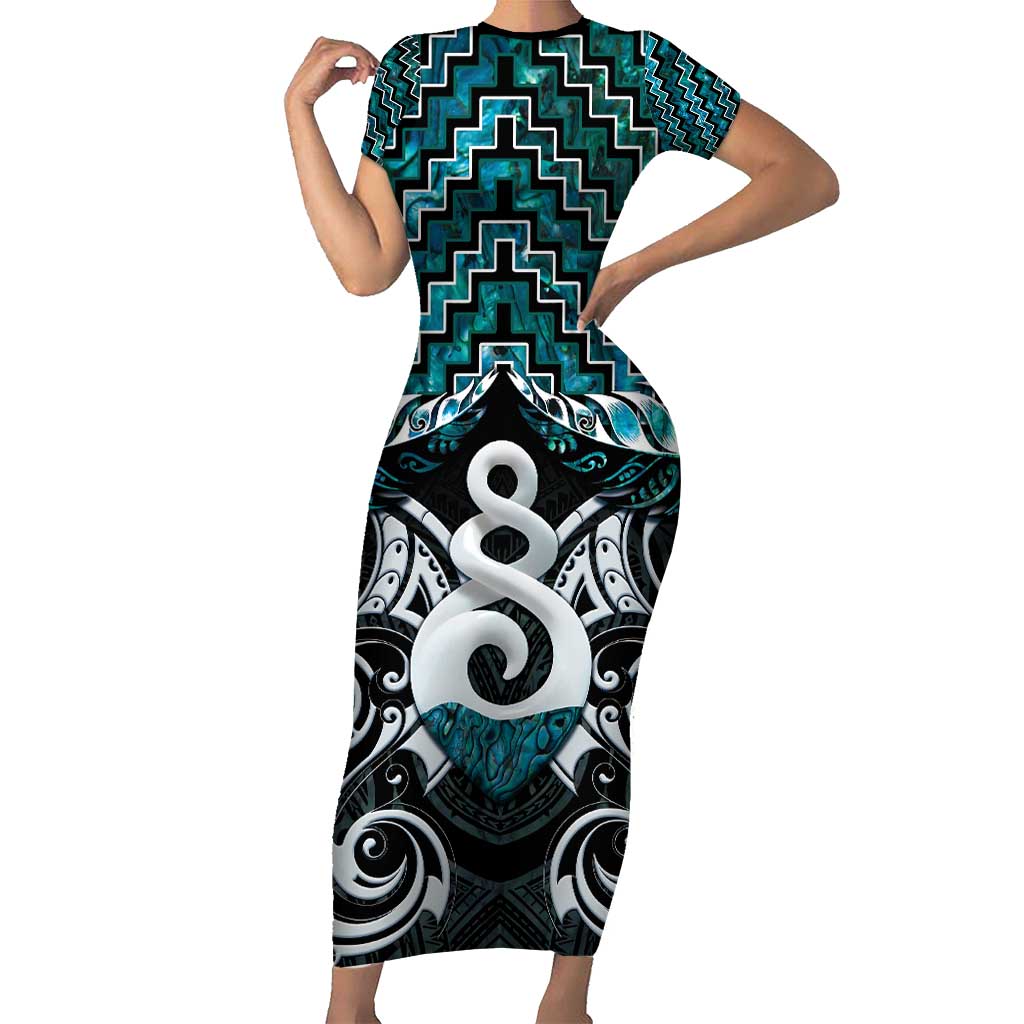 New Zealand Maori Family Matching Short Sleeve Bodycon Dress and Hawaiian Shirt Poutama Pikorua Turquoise Paua Shell LT05 Mom's Dress Turquoise - Polynesian Pride