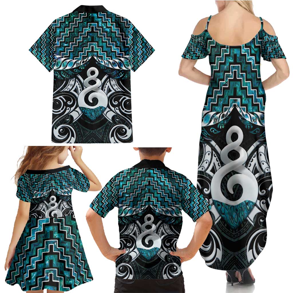 New Zealand Maori Family Matching Summer Maxi Dress and Hawaiian Shirt Poutama Pikorua Turquoise Paua Shell LT05 - Polynesian Pride