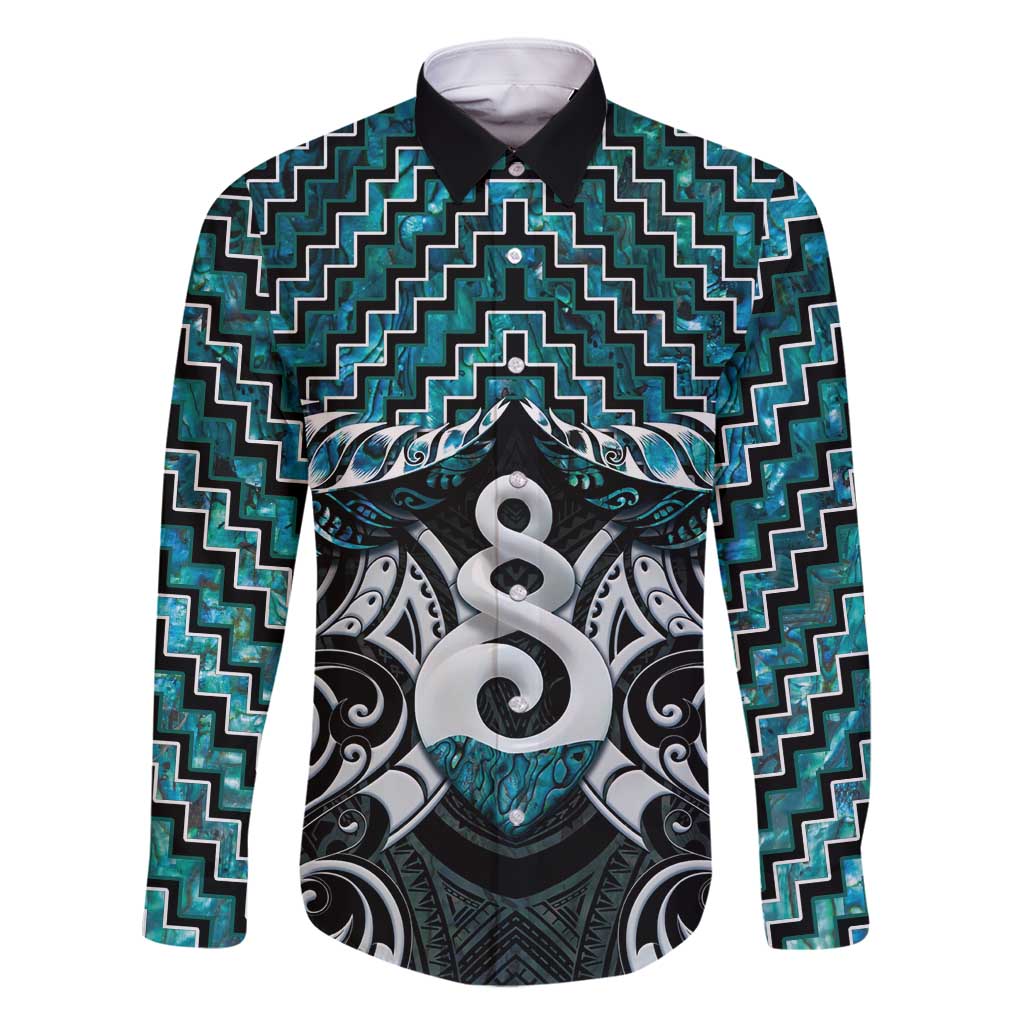 New Zealand Maori Family Matching Summer Maxi Dress and Hawaiian Shirt Poutama Pikorua Turquoise Paua Shell LT05 Dad's Shirt - Long Sleeve Turquoise - Polynesian Pride