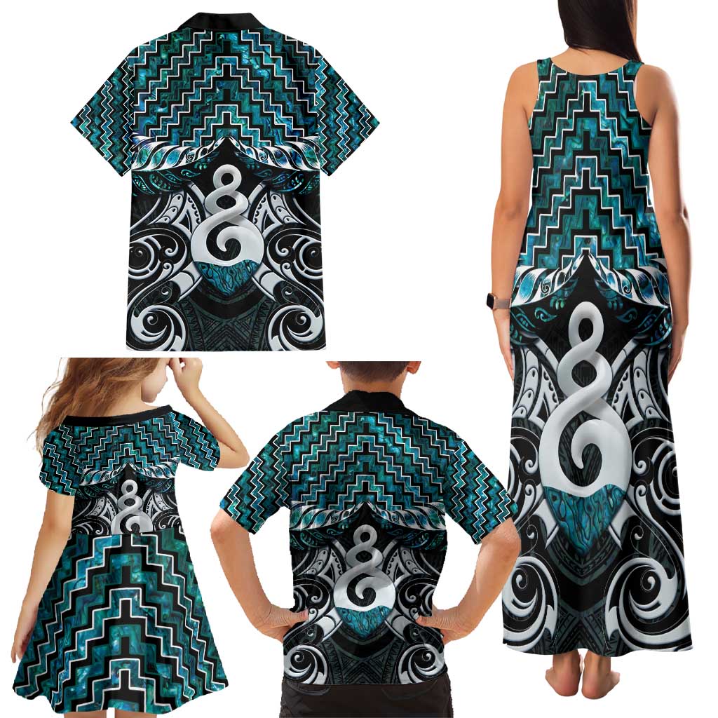 New Zealand Maori Family Matching Tank Maxi Dress and Hawaiian Shirt Poutama Pikorua Turquoise Paua Shell LT05 - Polynesian Pride