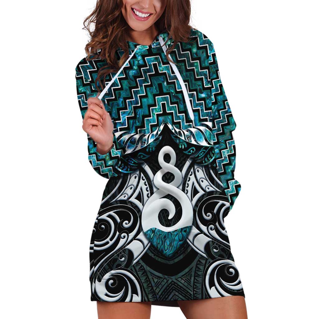 New Zealand Maori Hoodie Dress Poutama Pikorua Turquoise Paua Shell LT05 Turquoise - Polynesian Pride