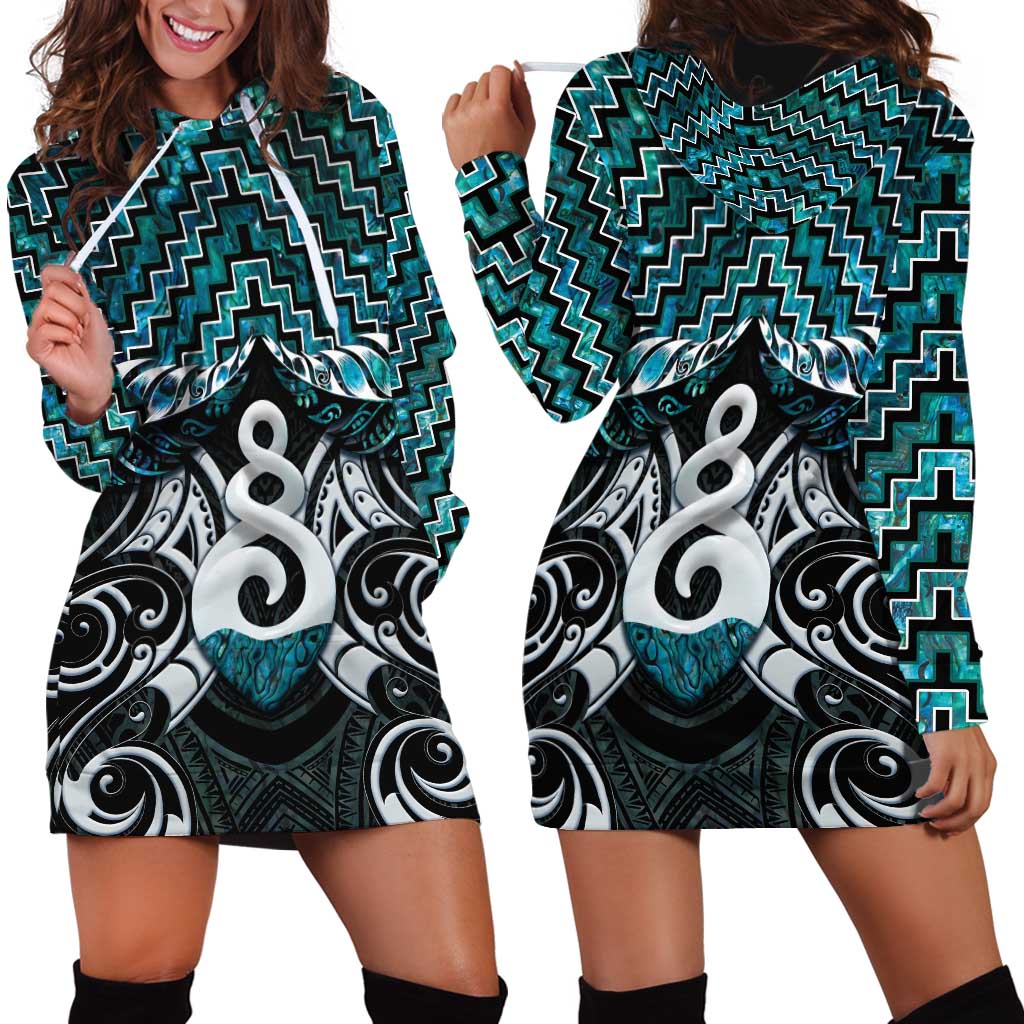 New Zealand Maori Hoodie Dress Poutama Pikorua Turquoise Paua Shell LT05 - Polynesian Pride