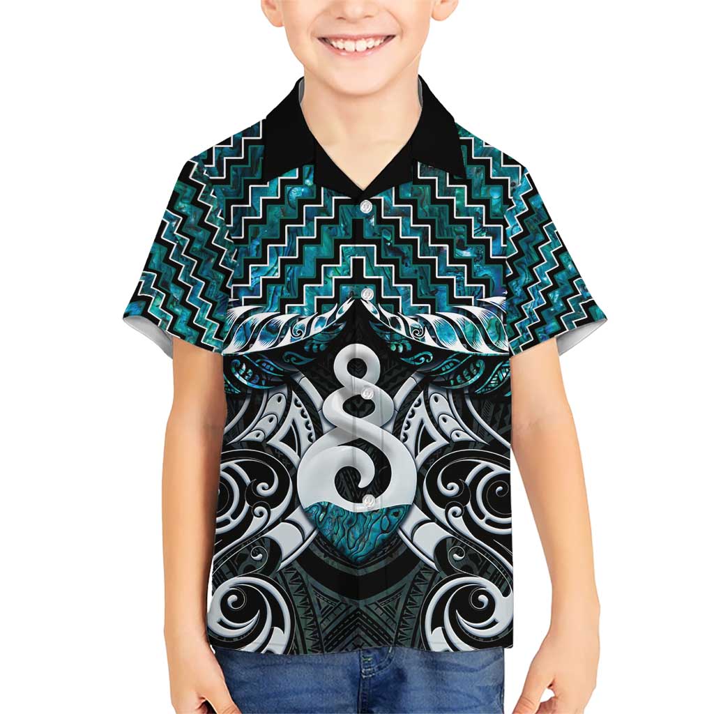 New Zealand Maori Kid Hawaiian Shirt Poutama Pikorua Turquoise Paua Shell LT05 Kid Turquoise - Polynesian Pride