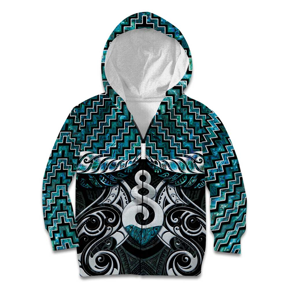 New Zealand Maori Kid Hoodie Poutama Pikorua Turquoise Paua Shell LT05 Zip Hoodie Turquoise - Polynesian Pride