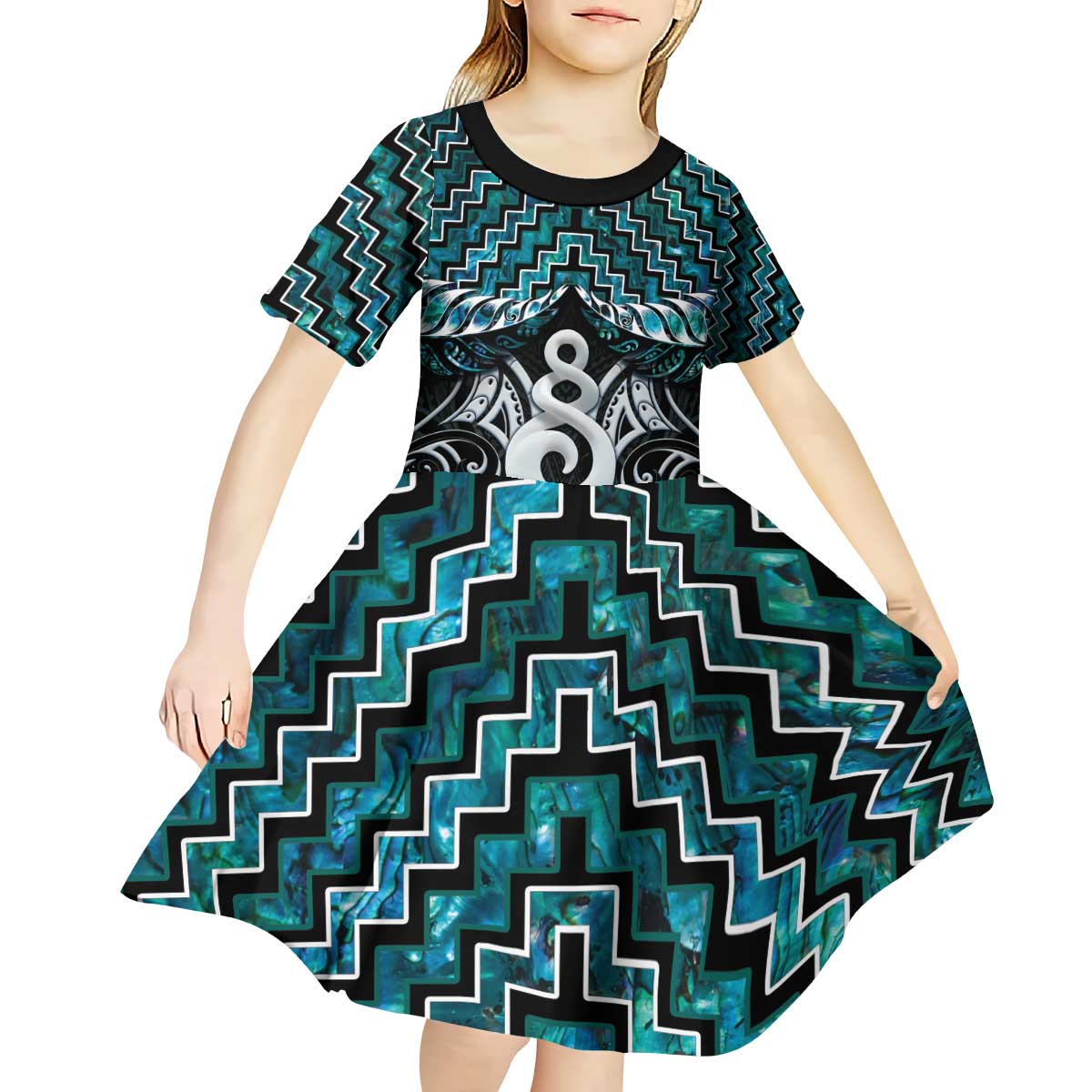 New Zealand Maori Kid Short Sleeve Dress Poutama Pikorua Turquoise Paua Shell LT05 - Polynesian Pride