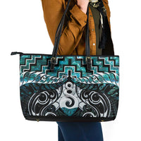 New Zealand Maori Leather Tote Bag Poutama Pikorua Turquoise Paua Shell LT05 - Polynesian Pride