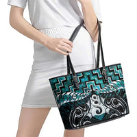 New Zealand Maori Leather Tote Bag Poutama Pikorua Turquoise Paua Shell LT05 - Polynesian Pride