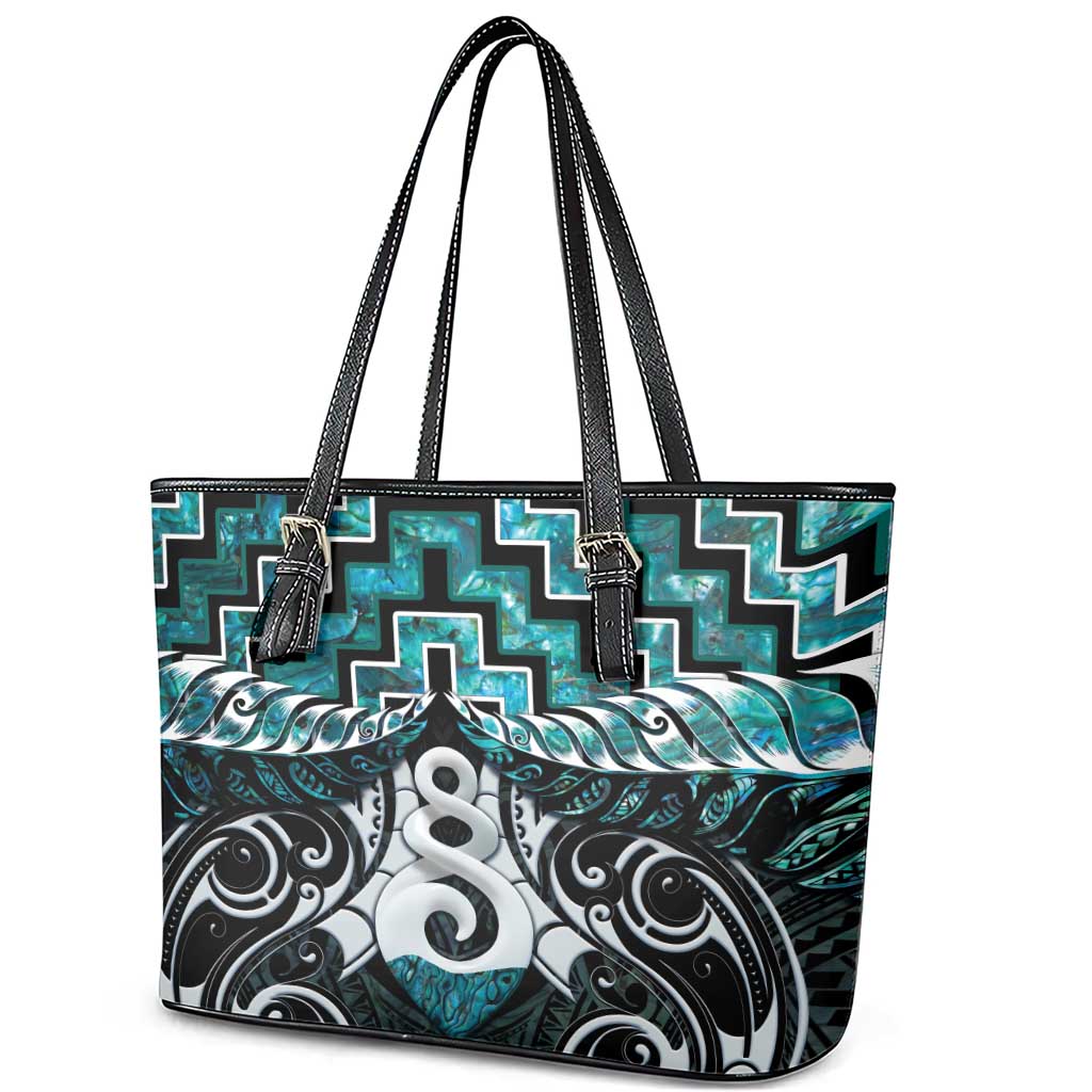 New Zealand Maori Leather Tote Bag Poutama Pikorua Turquoise Paua Shell LT05 - Polynesian Pride