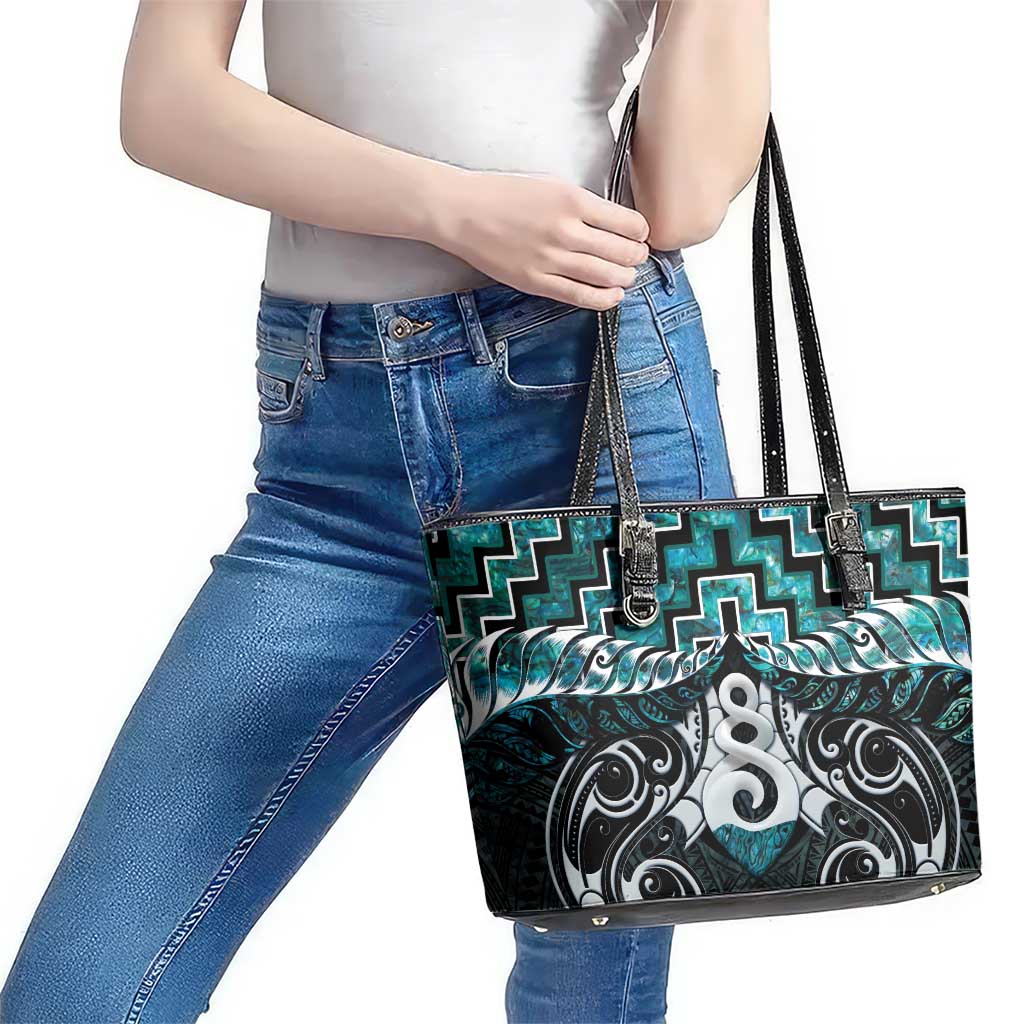New Zealand Maori Leather Tote Bag Poutama Pikorua Turquoise Paua Shell LT05 - Polynesian Pride