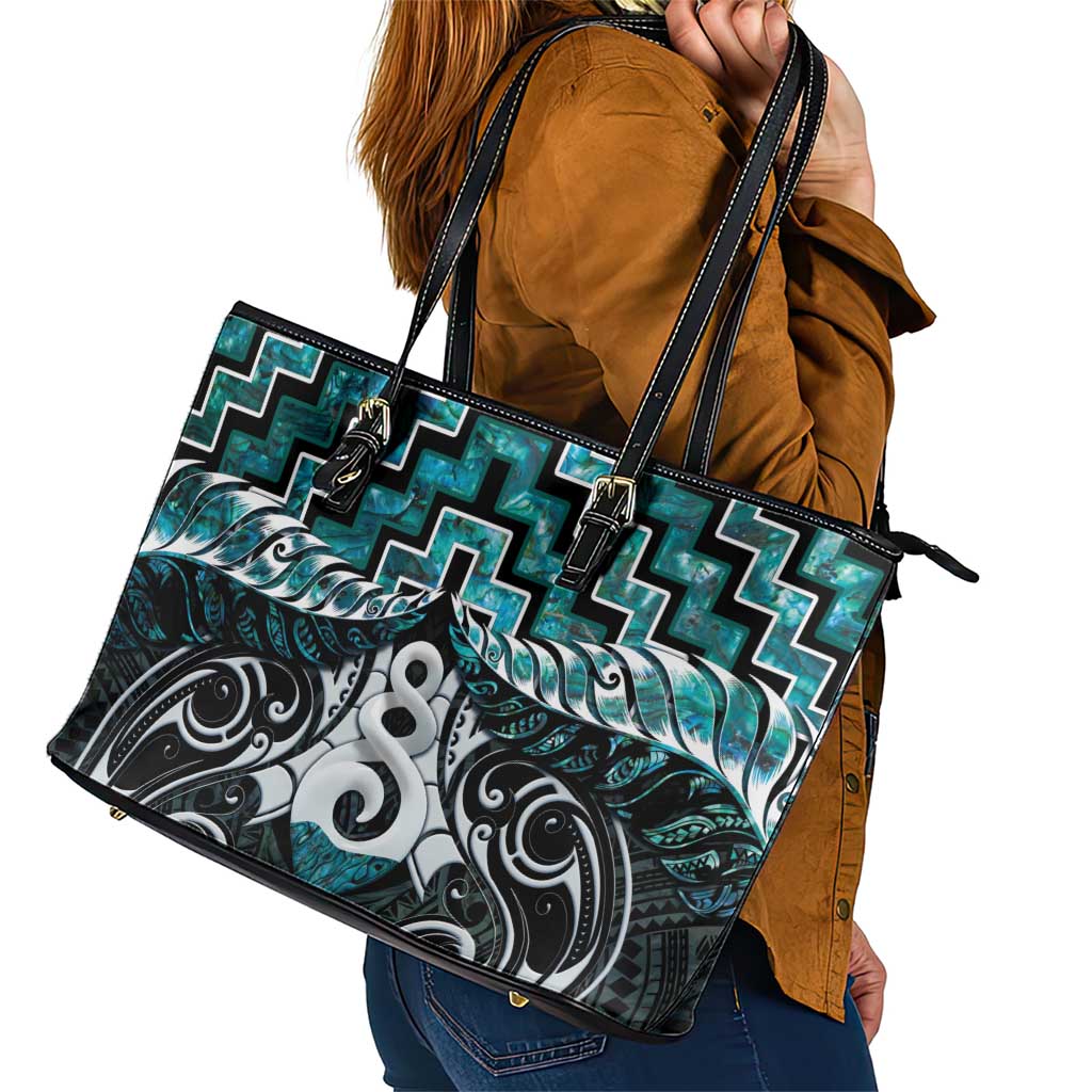 New Zealand Maori Leather Tote Bag Poutama Pikorua Turquoise Paua Shell LT05 - Polynesian Pride