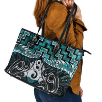 New Zealand Maori Leather Tote Bag Poutama Pikorua Turquoise Paua Shell LT05 - Polynesian Pride