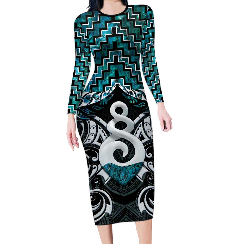 New Zealand Maori Long Sleeve Bodycon Dress Poutama Pikorua Turquoise Paua Shell LT05 Long Dress Turquoise - Polynesian Pride