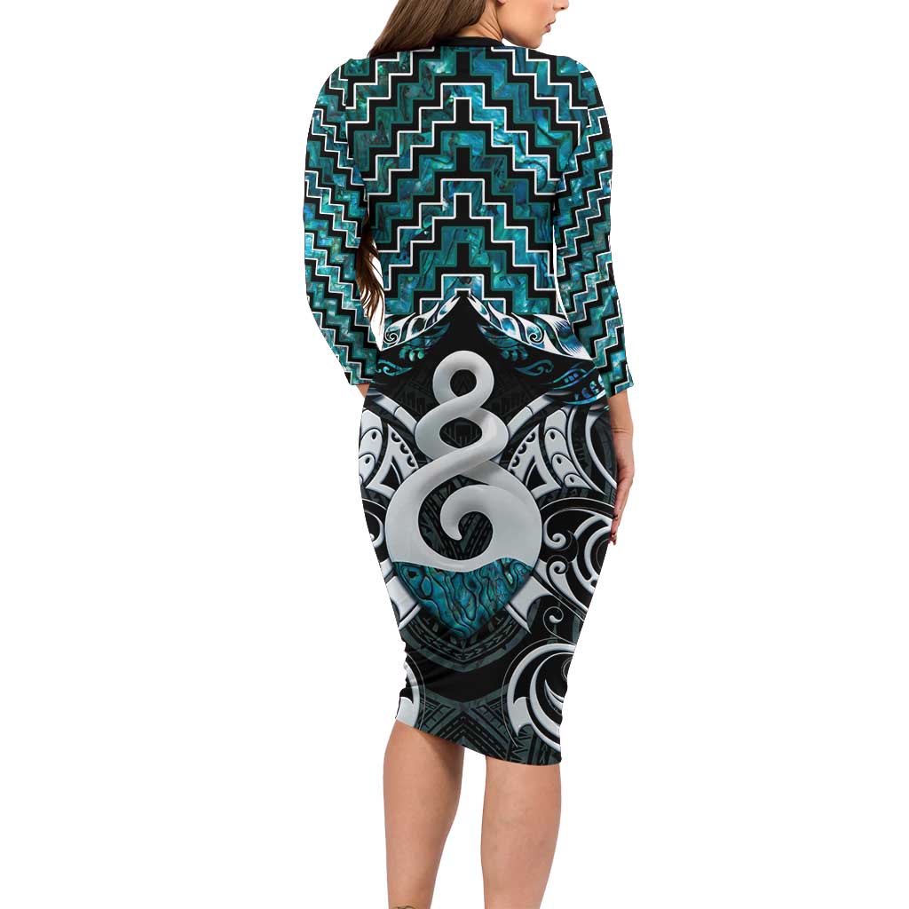New Zealand Maori Long Sleeve Bodycon Dress Poutama Pikorua Turquoise Paua Shell LT05 - Polynesian Pride