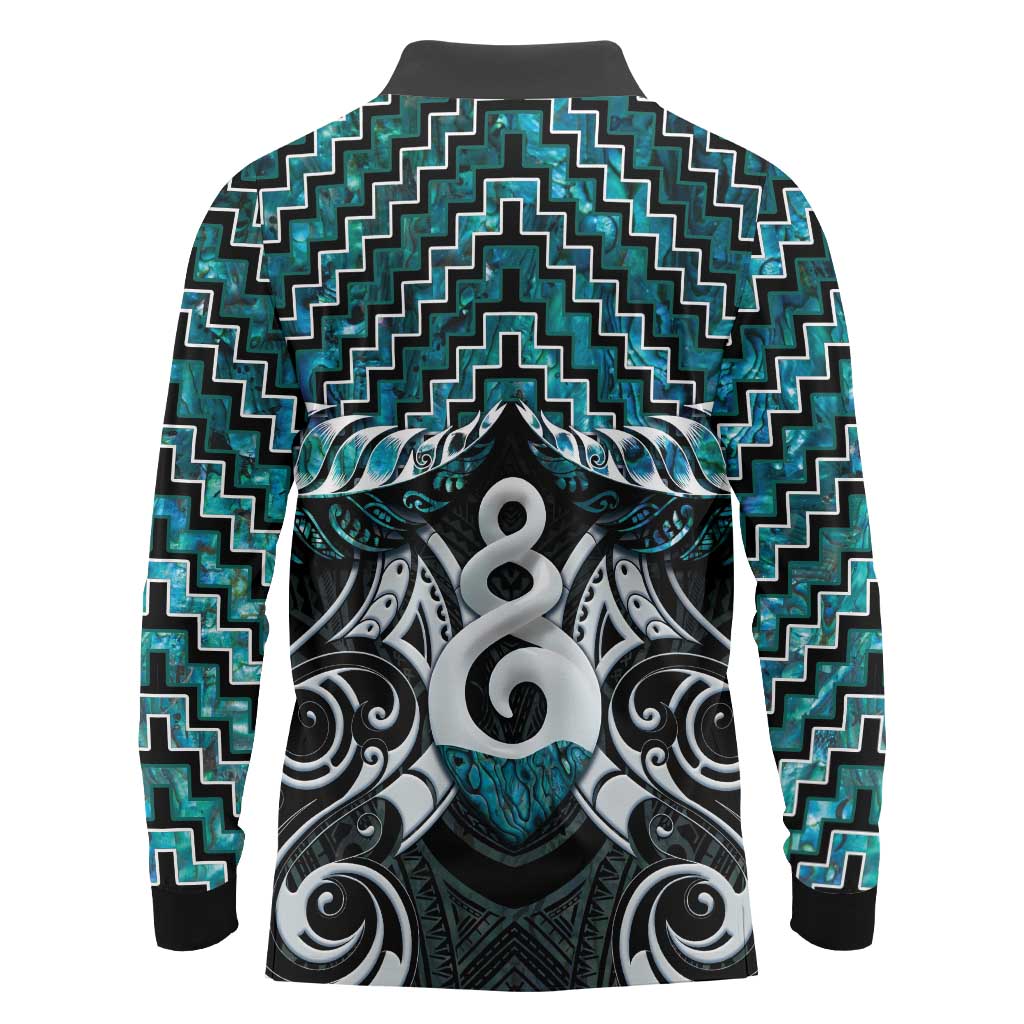 New Zealand Maori Long Sleeve Polo Shirt Poutama Pikorua Turquoise Paua Shell LT05 - Polynesian Pride