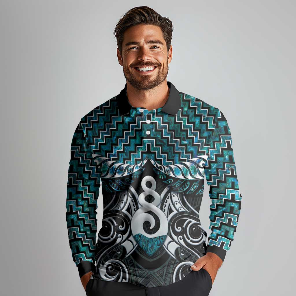 New Zealand Maori Long Sleeve Polo Shirt Poutama Pikorua Turquoise Paua Shell LT05 - Polynesian Pride