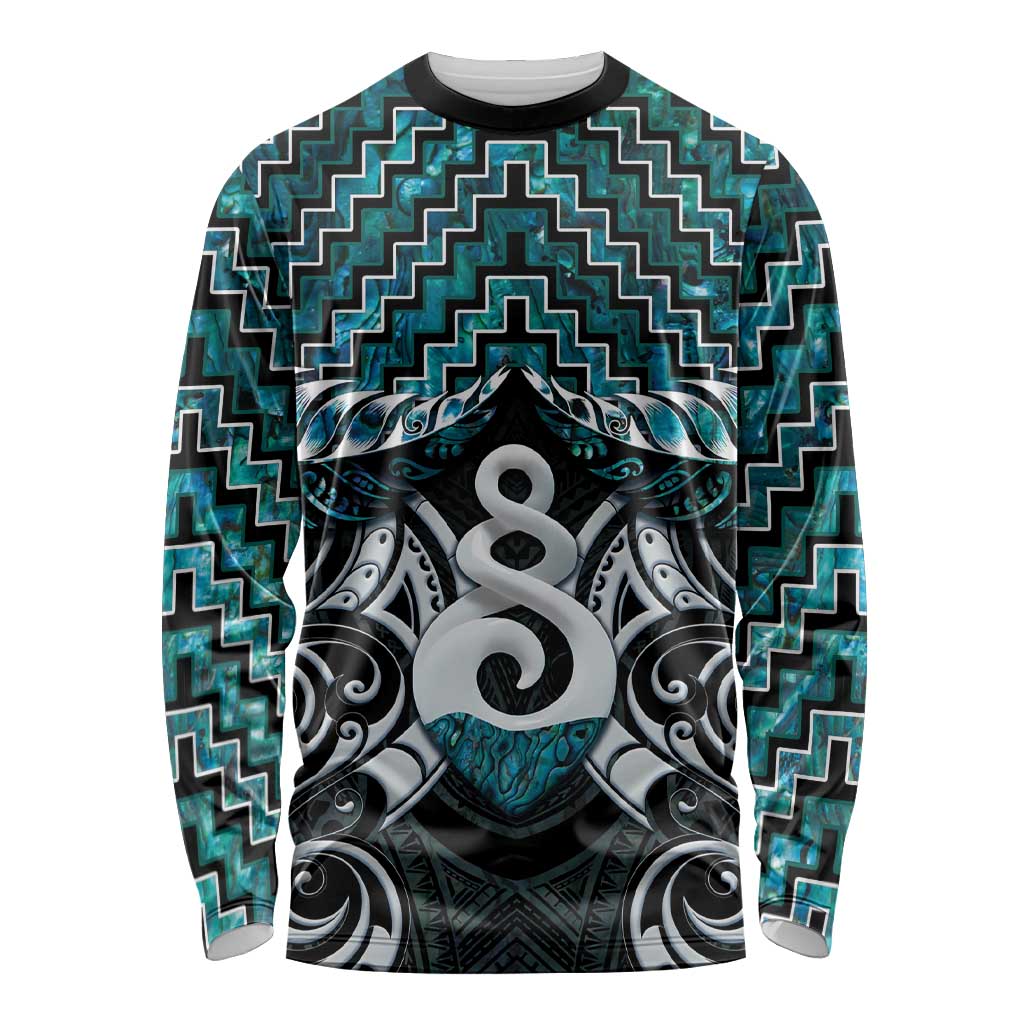 New Zealand Maori Long Sleeve Shirt Poutama Pikorua Turquoise Paua Shell LT05 Unisex Turquoise - Polynesian Pride