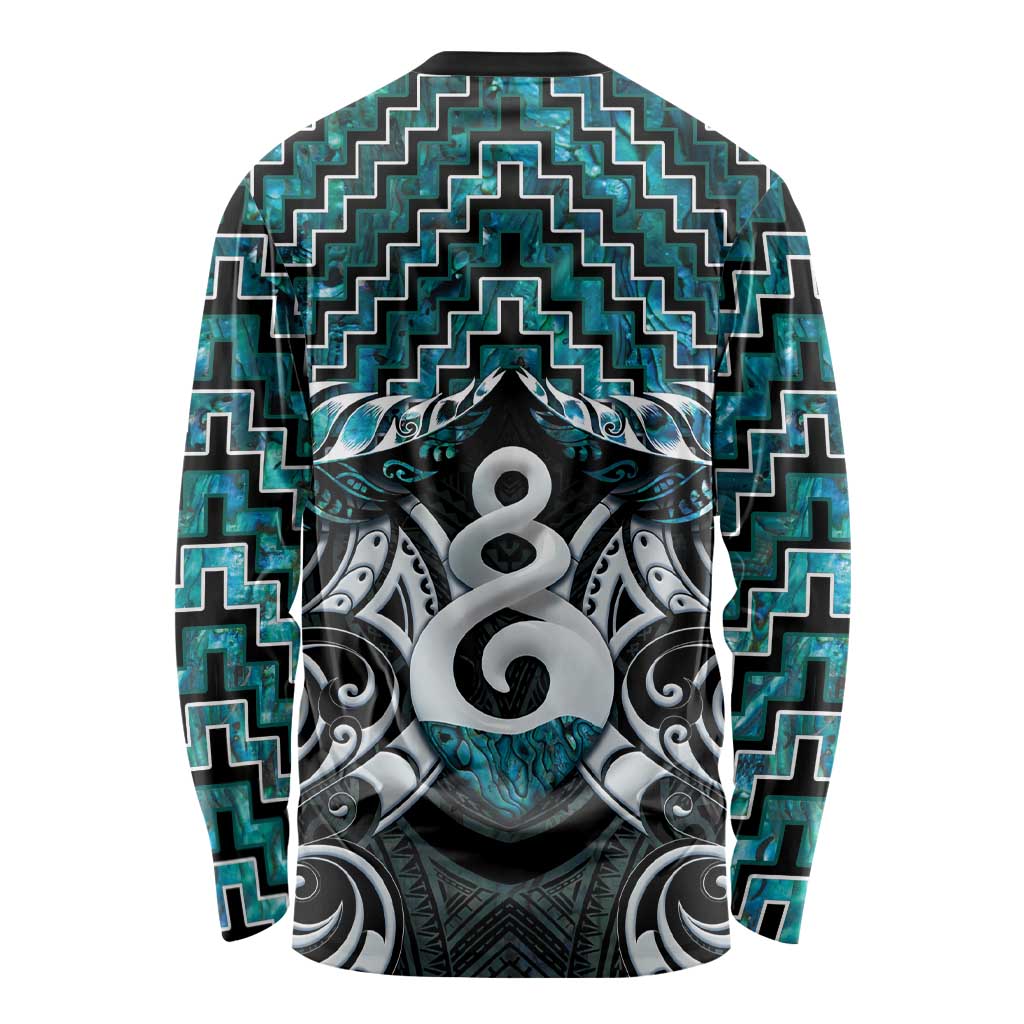 New Zealand Maori Long Sleeve Shirt Poutama Pikorua Turquoise Paua Shell LT05 - Polynesian Pride