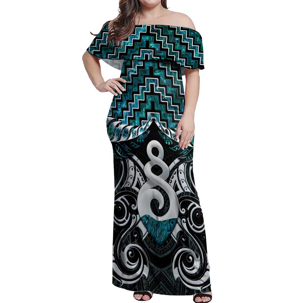 New Zealand Maori Off Shoulder Maxi Dress Poutama Pikorua Turquoise Paua Shell LT05 Women Turquoise - Polynesian Pride