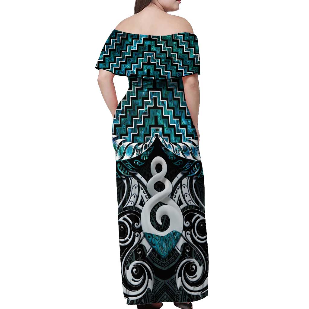 New Zealand Maori Off Shoulder Maxi Dress Poutama Pikorua Turquoise Paua Shell LT05 - Polynesian Pride