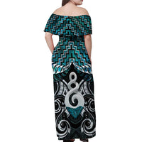 New Zealand Maori Off Shoulder Maxi Dress Poutama Pikorua Turquoise Paua Shell LT05 - Polynesian Pride