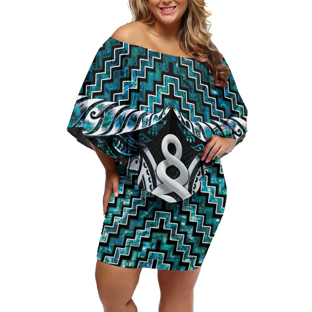 New Zealand Maori Off Shoulder Short Dress Poutama Pikorua Turquoise Paua Shell LT05 Women Turquoise - Polynesian Pride