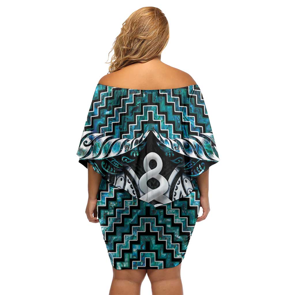 New Zealand Maori Off Shoulder Short Dress Poutama Pikorua Turquoise Paua Shell LT05 - Polynesian Pride