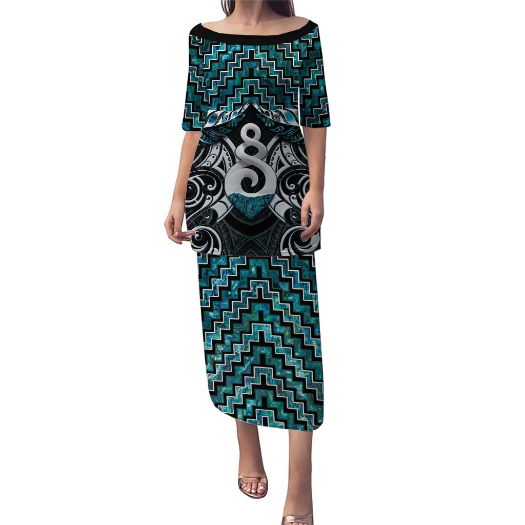 New Zealand Maori Puletasi Poutama Pikorua Turquoise Paua Shell LT05 Long Dress Turquoise - Polynesian Pride
