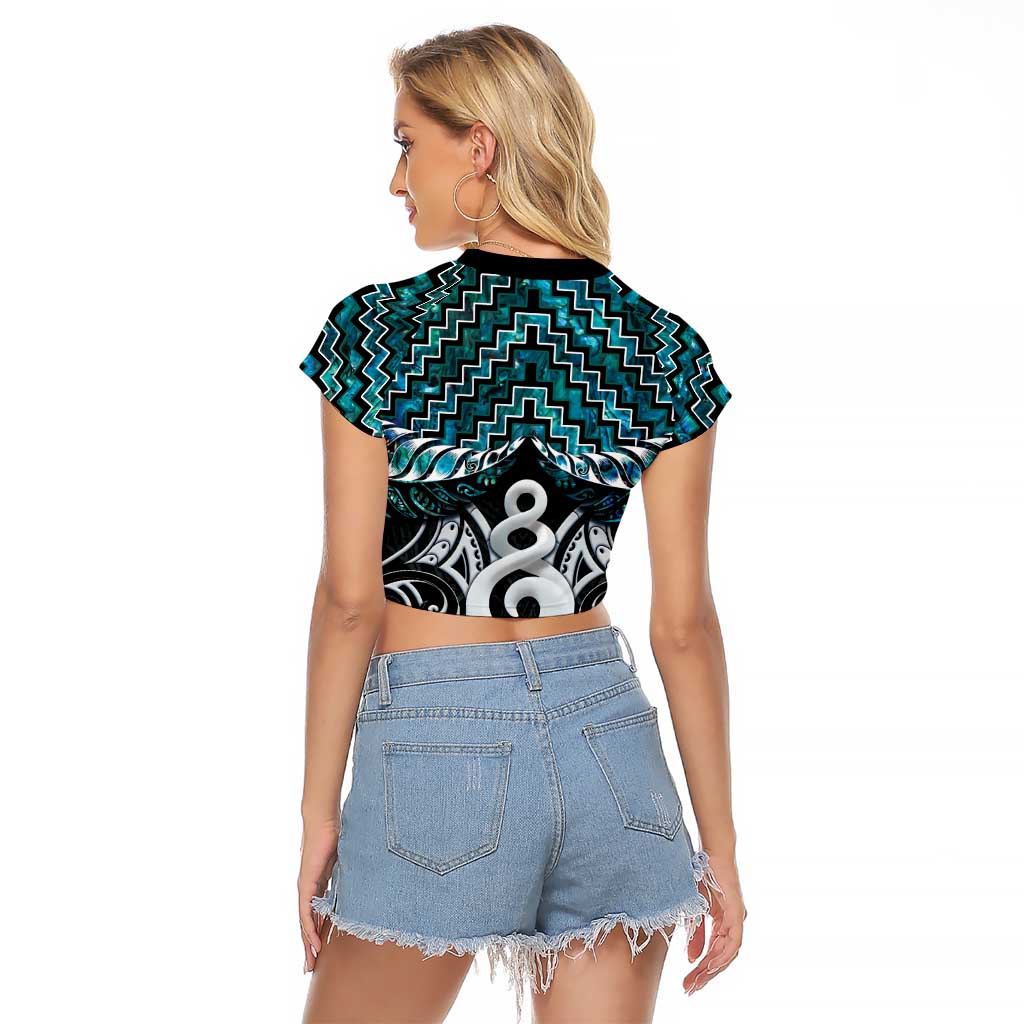 New Zealand Maori Raglan Cropped T Shirt Poutama Pikorua Turquoise Paua Shell LT05 - Polynesian Pride