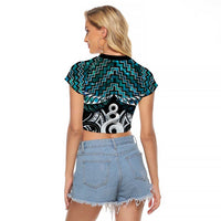 New Zealand Maori Raglan Cropped T Shirt Poutama Pikorua Turquoise Paua Shell LT05 - Polynesian Pride