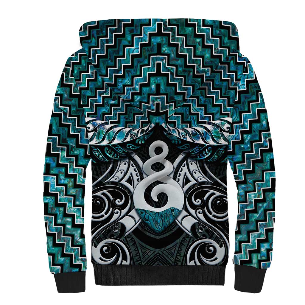 New Zealand Maori Sherpa Hoodie Poutama Pikorua Turquoise Paua Shell LT05 - Polynesian Pride