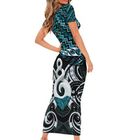 New Zealand Maori Short Sleeve Bodycon Dress Poutama Pikorua Turquoise Paua Shell LT05 - Polynesian Pride