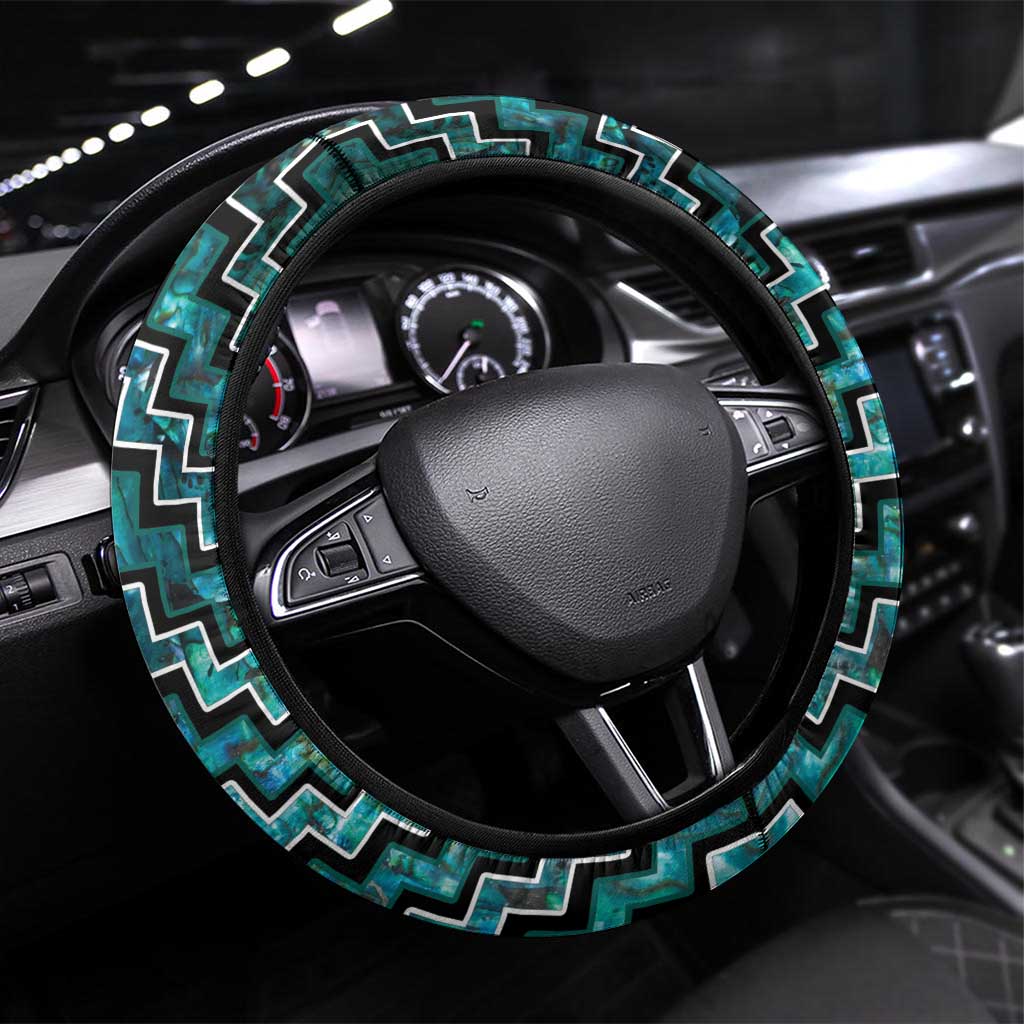 New Zealand Maori Steering Wheel Cover Poutama Pikorua Turquoise Paua Shell LT05 Universal Fit Turquoise - Polynesian Pride
