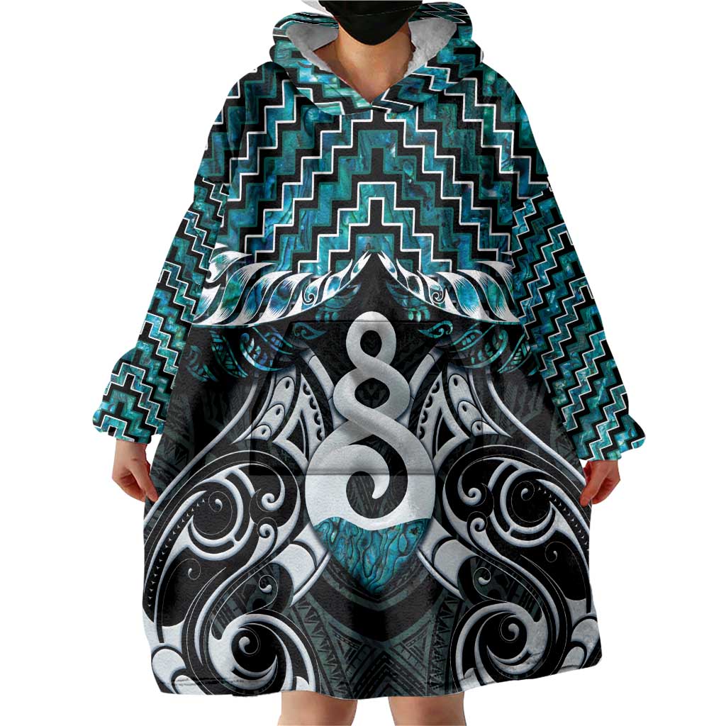 New Zealand Maori Wearable Blanket Hoodie Poutama Pikorua Turquoise Paua Shell LT05 - Polynesian Pride