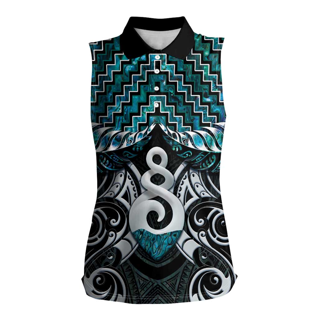 New Zealand Maori Women Sleeveless Polo Shirt Poutama Pikorua Turquoise Paua Shell LT05 Female Turquoise - Polynesian Pride