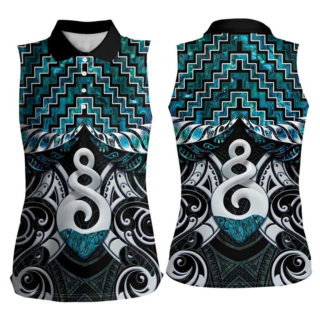 New Zealand Maori Women Sleeveless Polo Shirt Poutama Pikorua Turquoise Paua Shell LT05 - Polynesian Pride