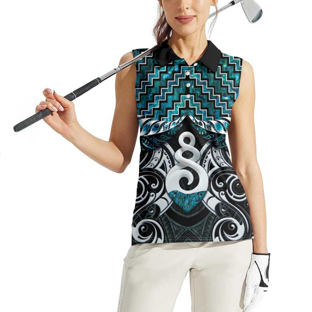 New Zealand Maori Women Sleeveless Polo Shirt Poutama Pikorua Turquoise Paua Shell LT05 - Polynesian Pride