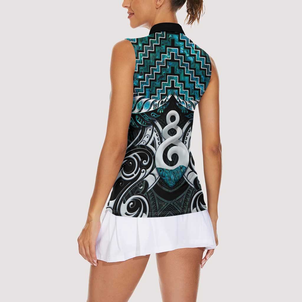 New Zealand Maori Women Sleeveless Polo Shirt Poutama Pikorua Turquoise Paua Shell LT05 - Polynesian Pride