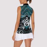 New Zealand Maori Women Sleeveless Polo Shirt Poutama Pikorua Turquoise Paua Shell LT05 - Polynesian Pride