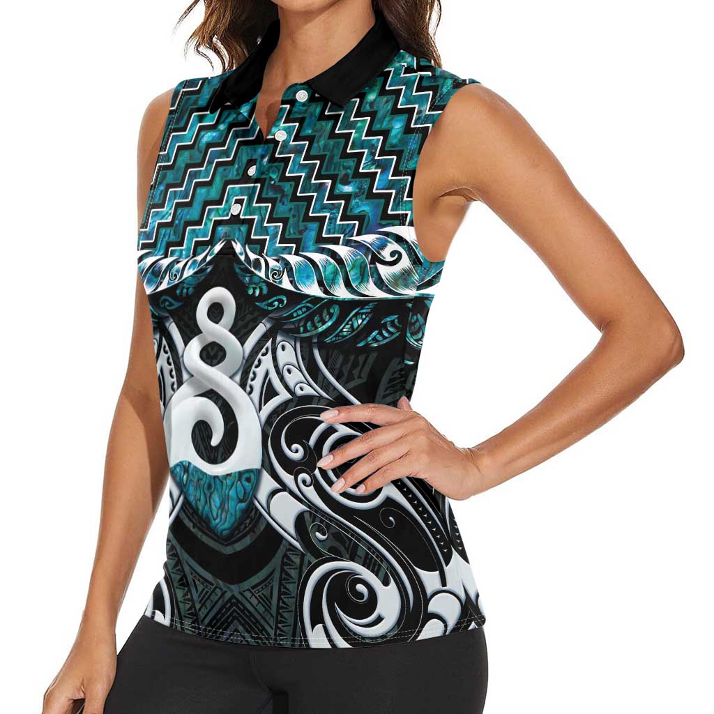New Zealand Maori Women Sleeveless Polo Shirt Poutama Pikorua Turquoise Paua Shell LT05 - Polynesian Pride