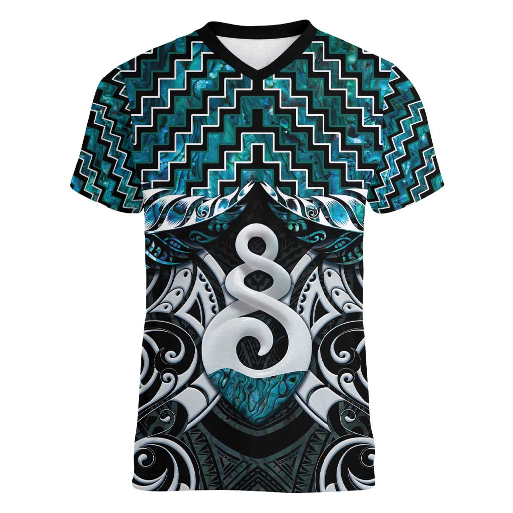 New Zealand Maori Women V-Neck T-Shirt Poutama Pikorua Turquoise Paua Shell LT05 Female Turquoise - Polynesian Pride