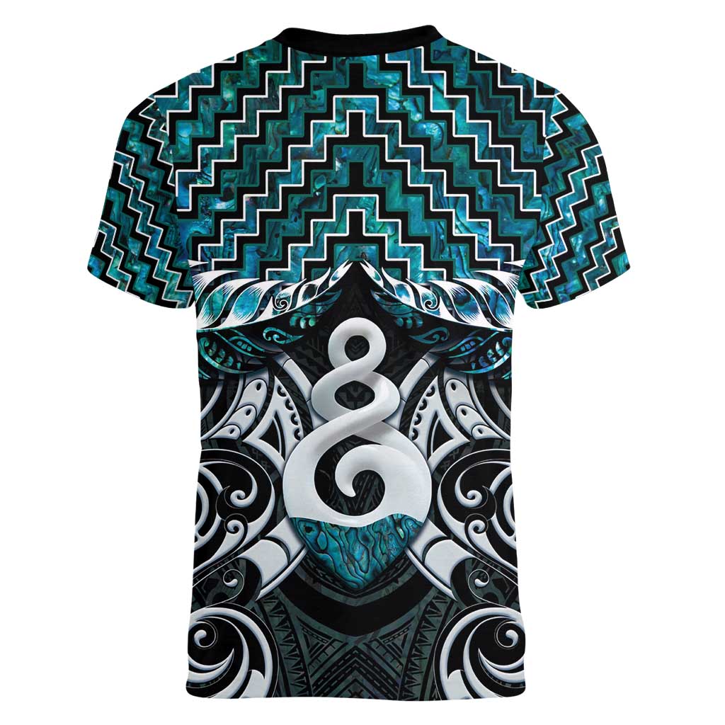 New Zealand Maori Women V-Neck T-Shirt Poutama Pikorua Turquoise Paua Shell LT05 - Polynesian Pride