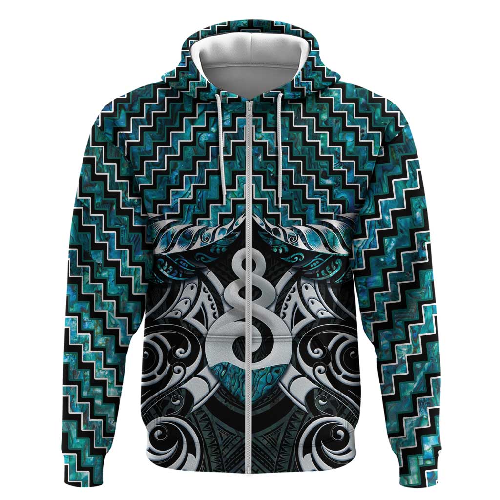 New Zealand Maori Zip Hoodie Poutama Pikorua Turquoise Paua Shell LT05 Zip Hoodie Turquoise - Polynesian Pride