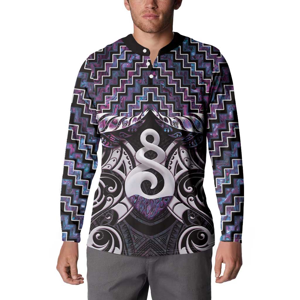 New Zealand Maori Button Sweatshirt Poutama Pikorua Purple Paua Shell LT05 - Polynesian Pride