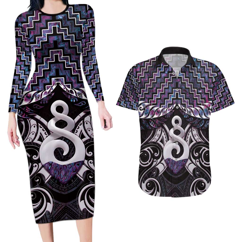 New Zealand Maori Couples Matching Long Sleeve Bodycon Dress and Hawaiian Shirt Poutama Pikorua Purple Paua Shell LT05 Purple - Polynesian Pride