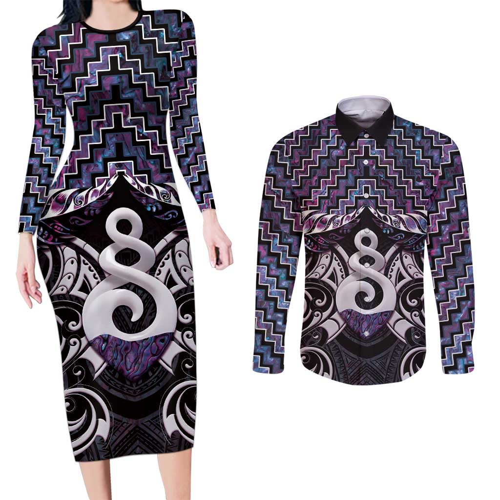 New Zealand Maori Couples Matching Long Sleeve Bodycon Dress and Long Sleeve Button Shirt Poutama Pikorua Purple Paua Shell LT05 Purple - Polynesian Pride