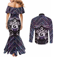 New Zealand Maori Couples Matching Mermaid Dress and Long Sleeve Button Shirt Poutama Pikorua Purple Paua Shell LT05 - Polynesian Pride