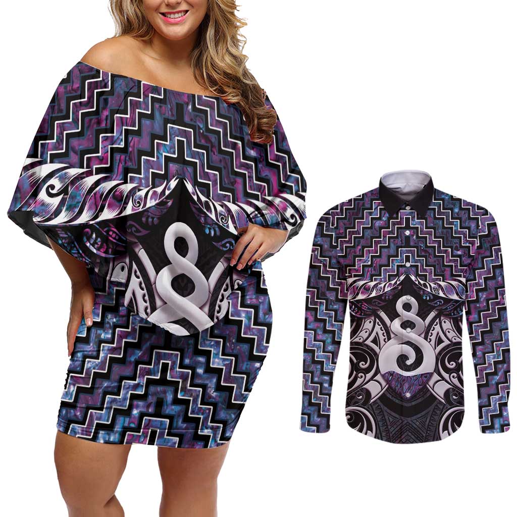 New Zealand Maori Couples Matching Off Shoulder Short Dress and Long Sleeve Button Shirt Poutama Pikorua Purple Paua Shell LT05 Purple - Polynesian Pride