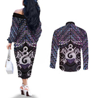 New Zealand Maori Couples Matching Off The Shoulder Long Sleeve Dress and Long Sleeve Button Shirt Poutama Pikorua Purple Paua Shell LT05 - Polynesian Pride