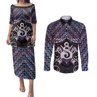 New Zealand Maori Couples Matching Puletasi and Long Sleeve Button Shirt Poutama Pikorua Purple Paua Shell LT05 Purple - Polynesian Pride