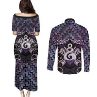 New Zealand Maori Couples Matching Puletasi and Long Sleeve Button Shirt Poutama Pikorua Purple Paua Shell LT05 - Polynesian Pride